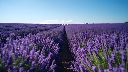 Naklejka premium Rows of vibrant purple lavender flowers stretching into the distance under a clear blue sky