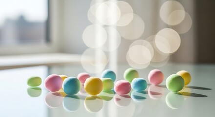Pastel colored spheres arranged on a reflective surface with bokeh lights