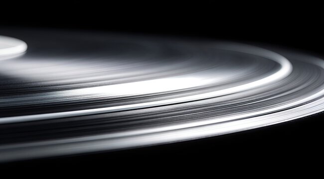 Abstract circular design, layered concentric rings, in shades of gray and white, against a black background