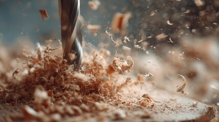 A drill penetrates wood sending fine shavings flying in a bright workshop filled with tools.