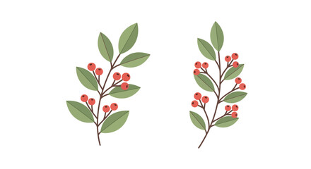 Two decorative branches with green leaves and clusters of bright red berries