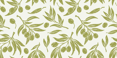 Seamless olive branch pattern with green leaves and berries, botanical texture background © AllNikArt