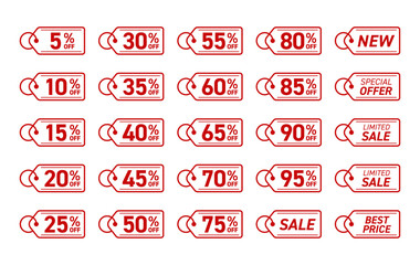 セールタグ・割引アイコンセット（25種類・シンプル）赤