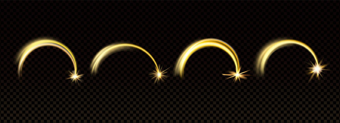 Shooting star with golden light set. Magic gold arch with sparkles collection. Glowing meteor with trail. Glimmering shiny stars in motion. Christmas vector illustration on transparent background.