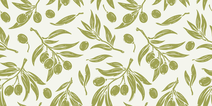 Seamless olive branch pattern with green leaves and berries, botanical texture background