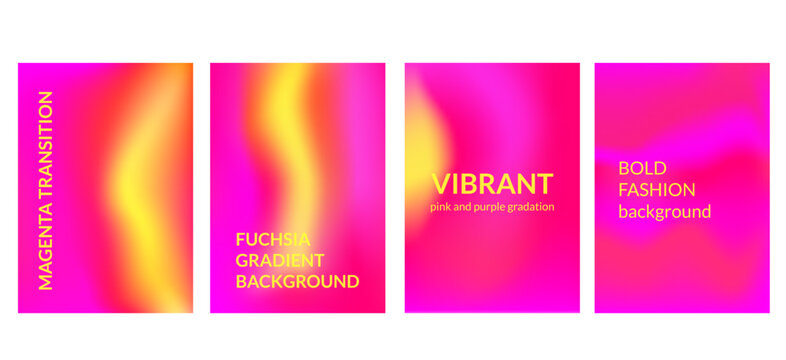 Fuchsia gradient background. Magenta, yellow vibrant gradation template set. Vector bright heat map backdrop with yellow splashes. Bold vivid pink red wallpaper and posters. Heat map transition color.