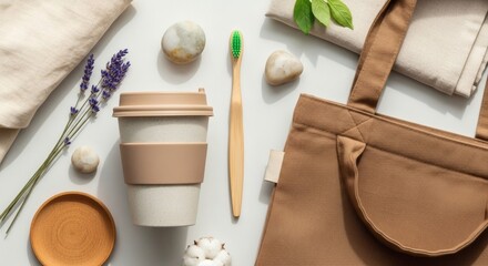 Eco friendly lifestyle products zero waste sustainable living reusable items flat lay top view