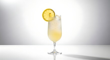 Tall glass of pale yellow drink with ice and lemon slice