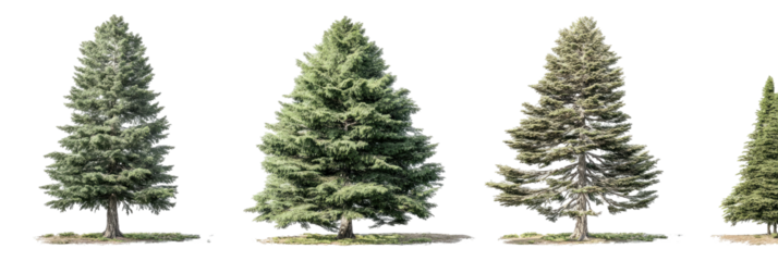 Four fir trees stand against a black background