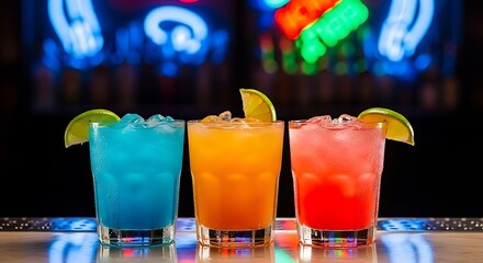 Three colorful cocktails with lime on a bar drink beverage