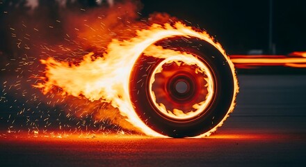 Tire on fire spinning with sparks and smoke burning