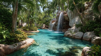 Naklejka premium A tranquil moment in a beautiful tropical setting with a stunning waterfall and vibrant plants.