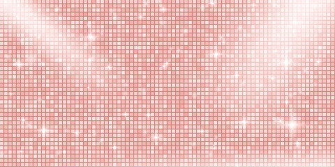 Pink disco ball mosaic background with spotlight. Mirror glitter gradient texture sequin backdrop. Rose gold dance floor with sparkles and shine lights. Glam halftone shimmer wall. Vector illustration