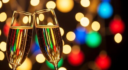 Two champagne glasses clinking with colorful reflections and bokeh lights