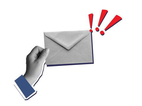Blank and white hand holding an envelope with a red exclamation marks - warning notice. Modern collage style. Illustration on a transparent background