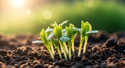 Young green sprouts with water droplets in soil seedling
