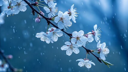Delicate white cherry blossoms glisten with raindrops, creating a serene and refreshing spring scene in soft focus with a blue background