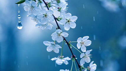 Captivating closeup of cherry blossoms adorned with water droplets, evoking a sense of tranquility and the beauty of nature in a blue atmosphere