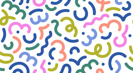 Abstract doodle lines, rainbow-colored confetti, seamless pattern. Endless background, colorful curves, dots. Repeating print, modern texture design with geometric scribbles. Flat vector illustration