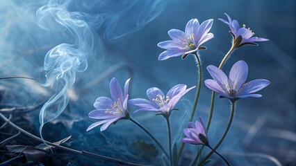 Delicate hepatica flowers bloom in a serene, misty setting, their soft petals a gentle contrast to the ethereal blue smoke and cool tones
