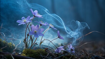 Mystical blue anemone flowers emerge from moss, surrounded by ethereal smoke, creating a magical and enchanting forest scene in twilight