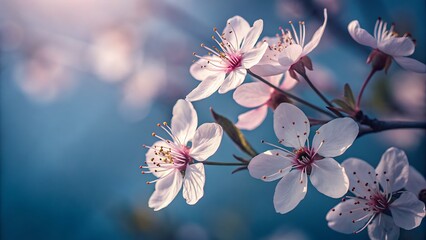 A captivating closeup of cherry blossoms, their pristine white petals kissed with a hint of pink, set against a tranquil blue backdrop, evoking peace