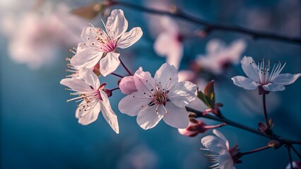 Closeup of delicate cherry blossoms in full bloom, their soft white petals tinged with pink, against a dreamy blue background, creating a serene scene
