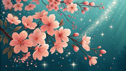 A whimsical illustration of cherry blossoms on a branch, adorned with sparkling stars against a teal background, creating a magical, enchanting scene