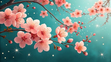 Delicate pink cherry blossoms bloom on a branch against a dreamy teal background, sparkling with soft light, creating a serene and enchanting spring scene