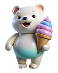 Cute 3D Polar Bear Character Holding a Colorful Ice Cream Cone with Pink and Blue Swirls