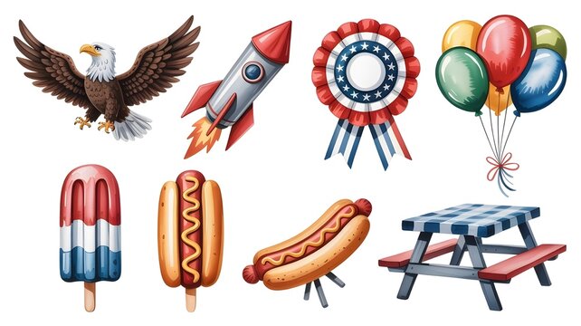 Collection of american independence day symbols including an eagle, rocket, rosette, balloons, popsicle, hot dog, and picnic table, isolated on white background