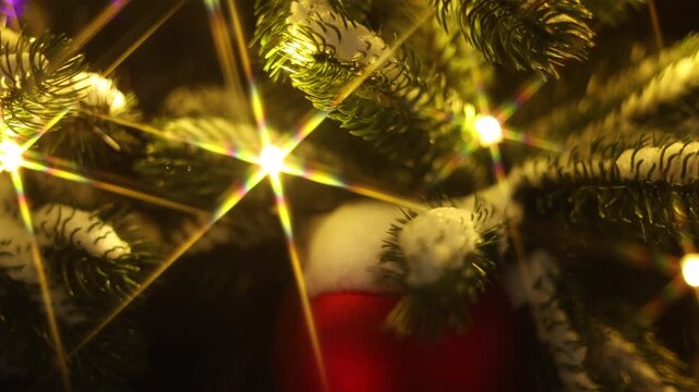 cinematic stars lights, Merry Christmas Christmas happy holidays. Defocused decoration ornaments ball and defused garland lights on classic decorated Christmas tree. copy space