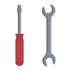 Flat color screwdriver and wrench. Vector illustration isolated on a white background