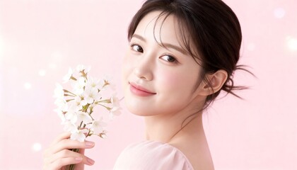 桜の花を顔に近づける若い女性のクローズアップ