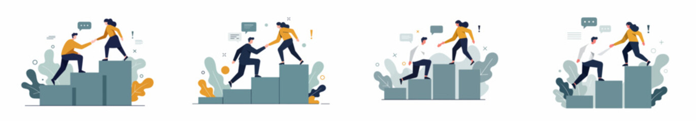 Fototapeta premium Teamwork and business partnership concepts set, showing colleagues helping each other climb the staircase of success and career growth.