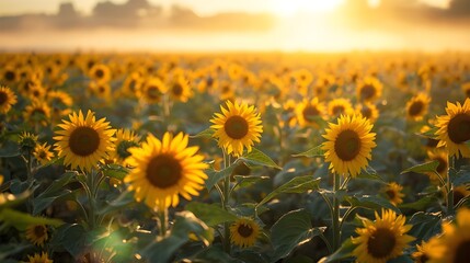 Obraz premium Golden Sunflowers Field Under a Gentle Morning Sun, Capturing the Essence of Summer's Warm Embrace