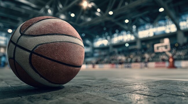 Worn basketball on a basketball court floor in a large arena - Powered by Adobe