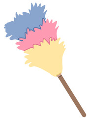 A colorful duster with fluffy plumes in yellow, pink, and blue, attached to a wooden handle, perfect for cleaning tasks