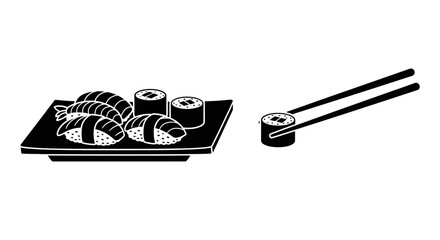 Black and white illustration of various types of sushi on a plate © Mstsalma
