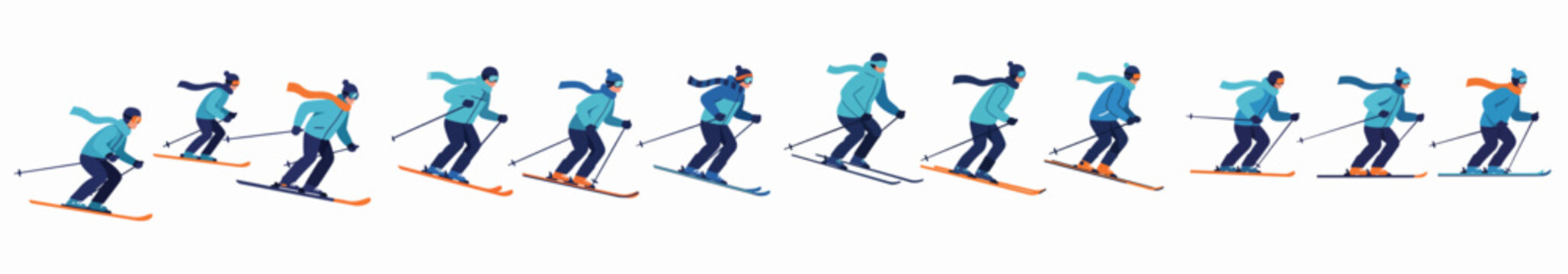 Collection of flat vector illustrations showing dynamic downhill skiers in various poses, wearing warm blue and orange winter sports clothing.