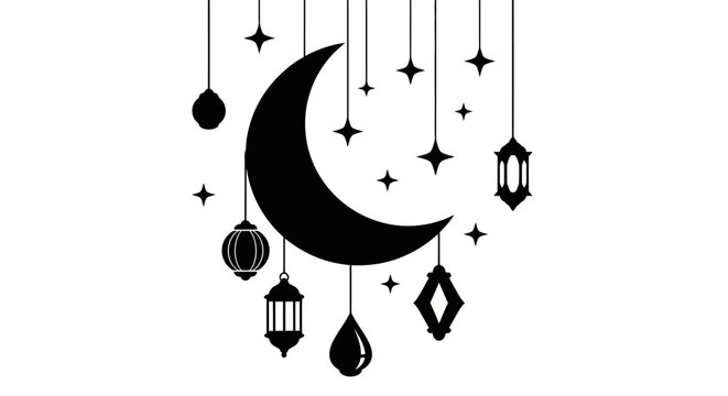 Elegant black crescent moon design with hanging lanterns and sparkling stars - Powered by Adobe