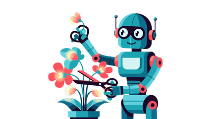 Obraz premium A Cheerful Robot Pruning Colorful Flowers Depicting Technology and Nature Harmonizing Together