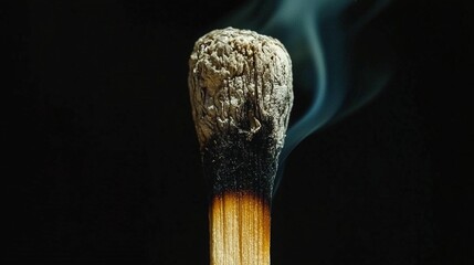 Burnt Matchstick After Illumination Emitting Wisps of Smoke Against a Deep Dark Background