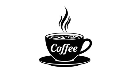 A simple black and white illustration of a cup of coffee with steam