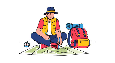 Adventurer Planning Trip On Map With Compass And Backpack Black Background