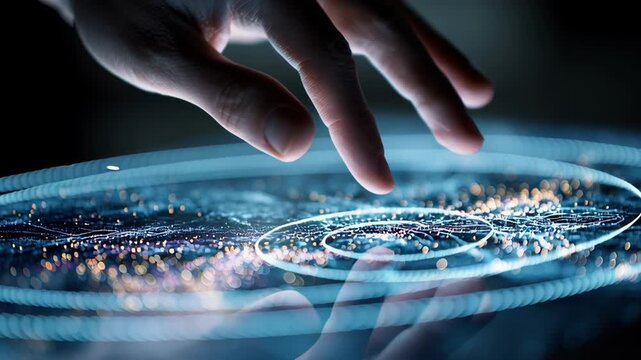Close-up of human hand interacting with holographic cell analysis display, precision biotechnology concept, soft blue lighting, ai biomedical analysis