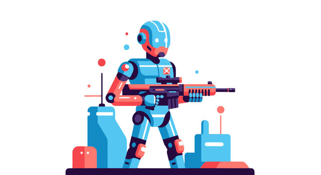 A Futuristic Robot Guarding With Advanced Weapon and Equipped For Battle Position