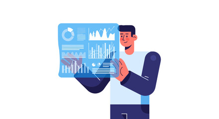 Fototapeta premium Analyst Interpreting Data On Projected Futuristic Interface In A Black Background