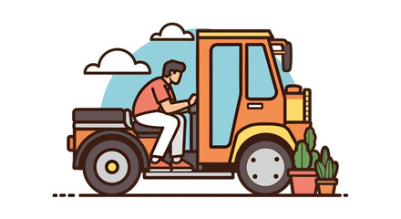 Naklejka premium A Person Driving An Orange Colored Vehicle With Cacti And Clouds On A Black Background