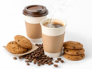 Hot coffee and delicious cookies on a white background